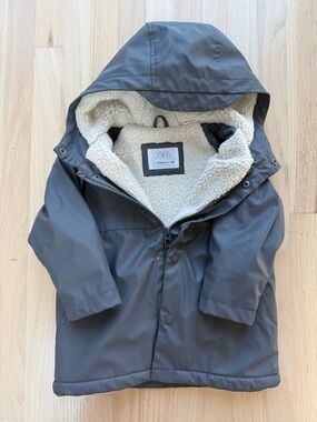 ZARA Kids Gray Hooded Sherpa-Lined Rain Coat